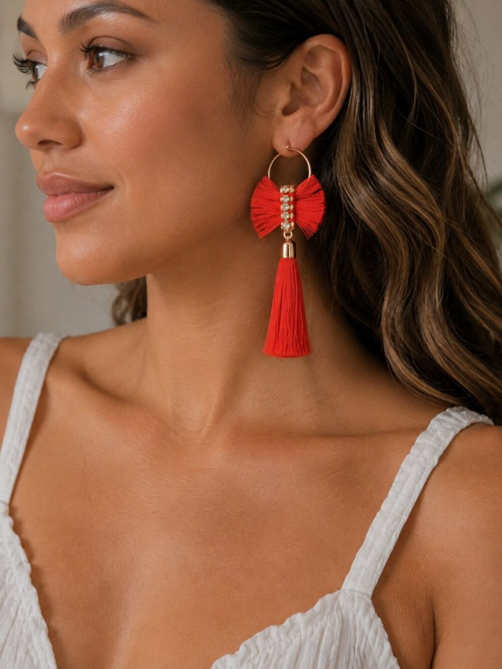 MIA Orange tassel bow earrings with rhinestones